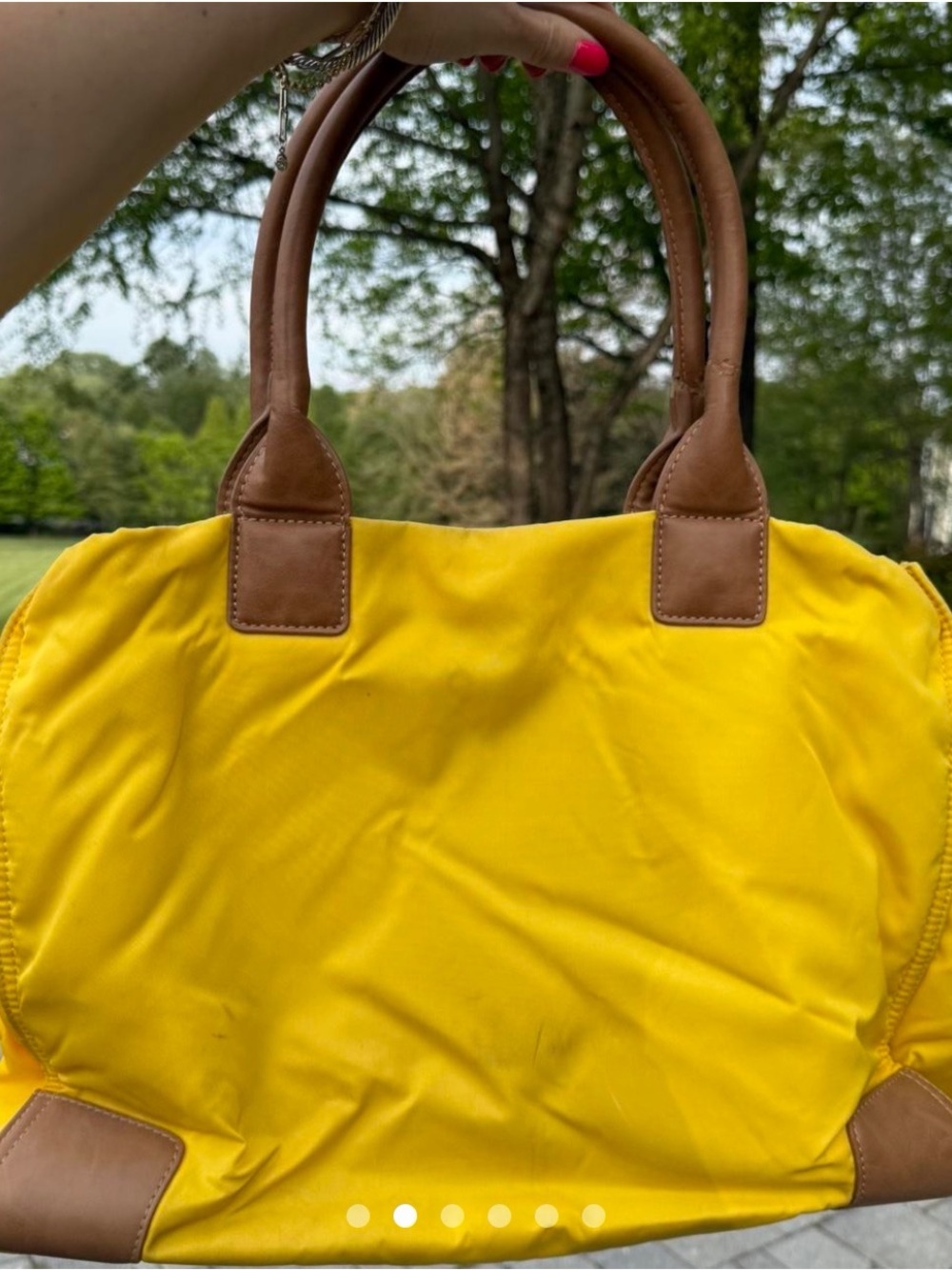 Tory Burch Bright Yellow Nylon Tote with Tan Leather Logo - Picture 2 of 4